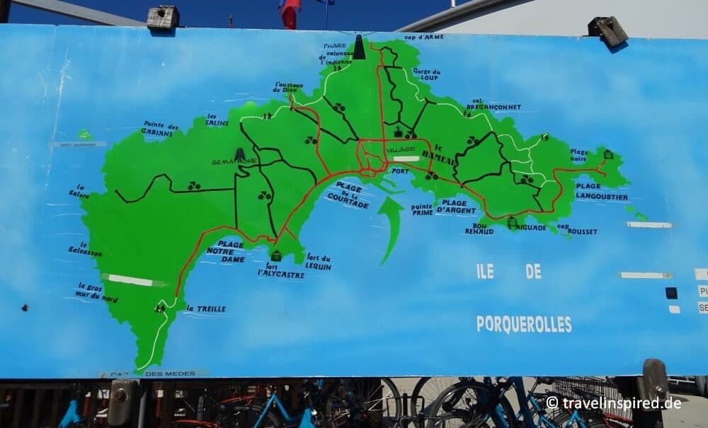 Karte Porquerolles Radwege, Fahrradverleih Îles d’Hyères, Côte d’Azur, Frankreich Urlaub Tipps