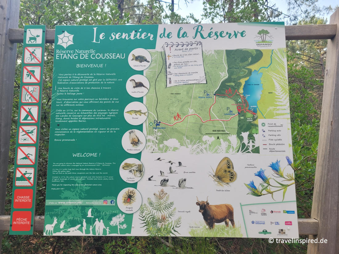 Infotafel zum Naturschutzgebiet Étang de Cousseau, Atlantikküste Frankreich